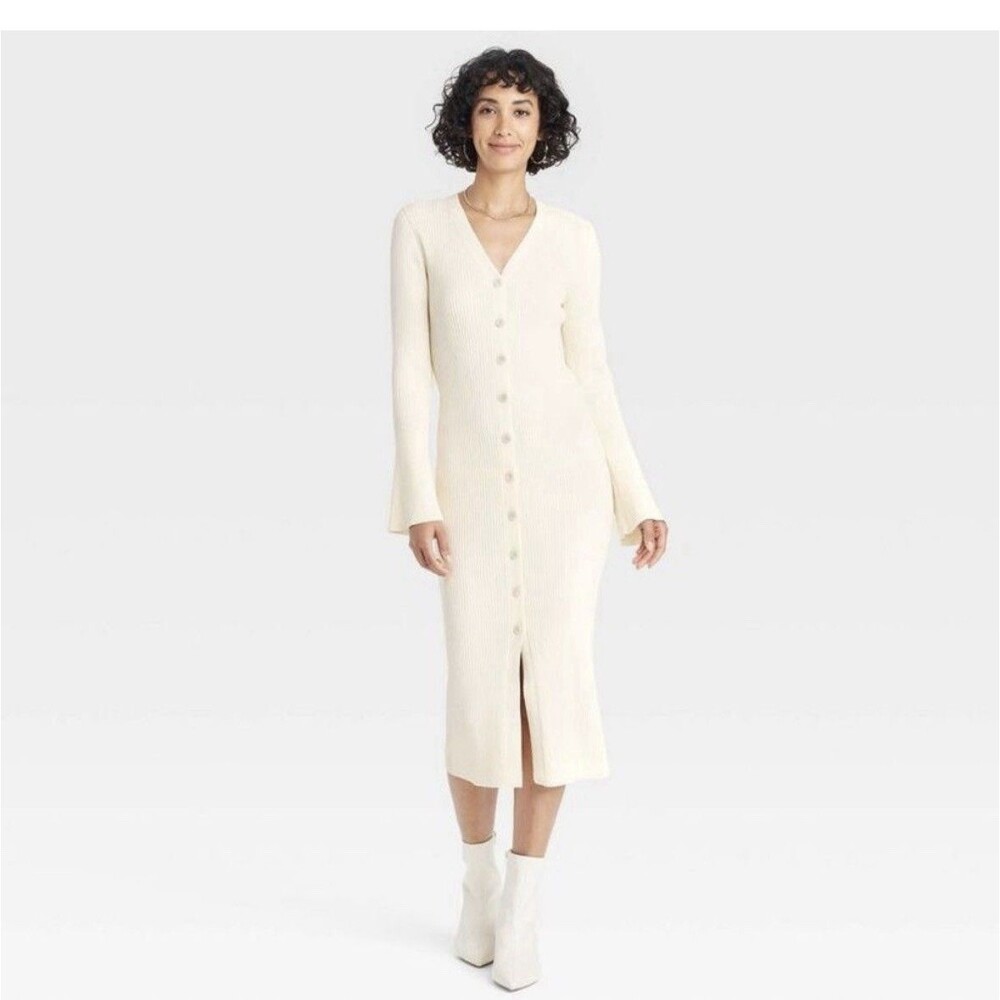 NWT Cream Colored Ribbed Sweater Long Cardigan Dress MED Spring Fairy Coastal